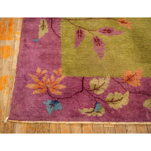 1920s Green Field Floral & Purple Border Knotted Wool Antique Chinese Art Deco Rug For Sale - Image 4 of 9