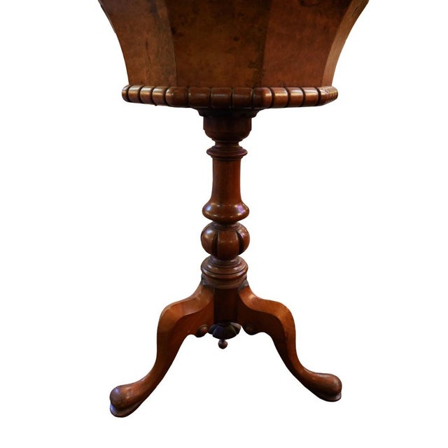 Antique Victorian Style Octagonal Pedestal Sewing Box Table Antique Victorian walnut veneer sewing box table featuring an...