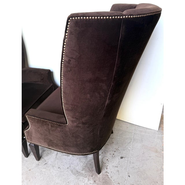 Pair Custom Mogul Los Angeles Espresso-Brown Velvet High-Back Wing Chairs For Sale - Image 12 of 16