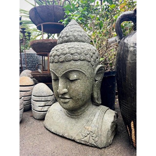 Asian Vintage Stone Garden Buddha Bust Statue For Sale - Image 3 of 6