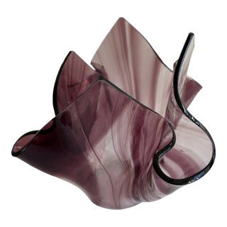 Vintage Murano Style Purple Ribbon Art Glass Handkerchief Asymmetric Swirl Bowl For Sale