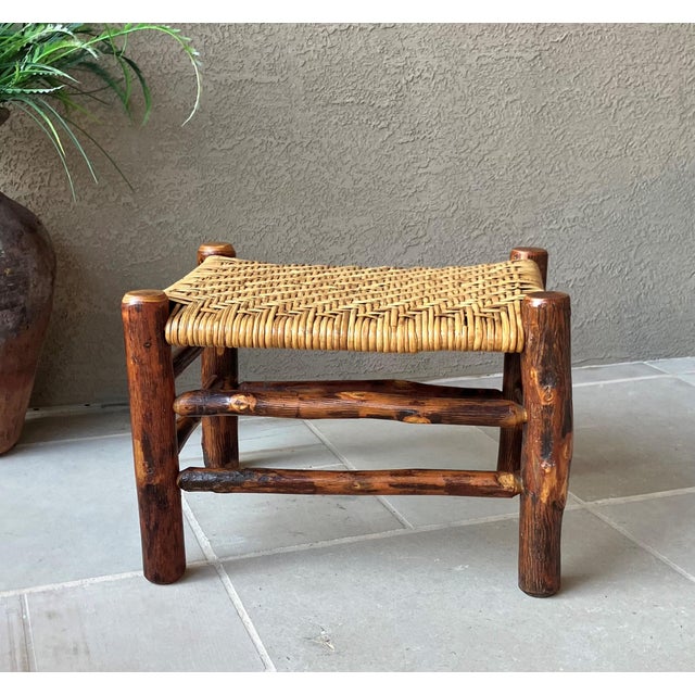 Rustic Chic Mid 20th-Century Hickory Wood & Handwoven Double Twill Plaited Cane Bench For Sale - Image 9 of 18
