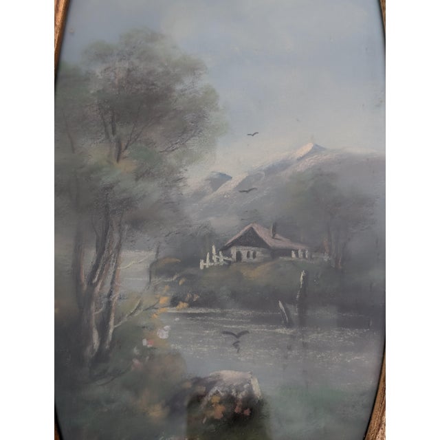 Baby Blue Antique Landscape Painting in Ornate Wood Frame For Sale - Image 8 of 12