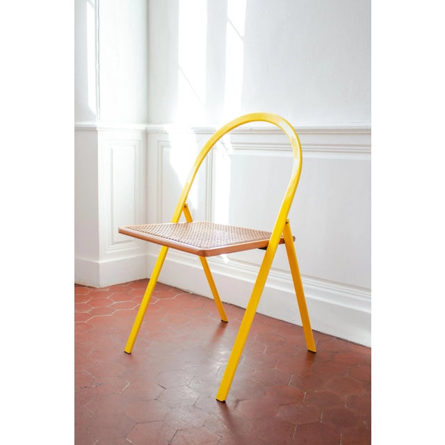 Vintage Folding Chairs in Yellow Lacquered Metal and Caning by Giorgio Cattelan for Cidue, 1970s, Set of 2 For Sale - Image 11 of 18