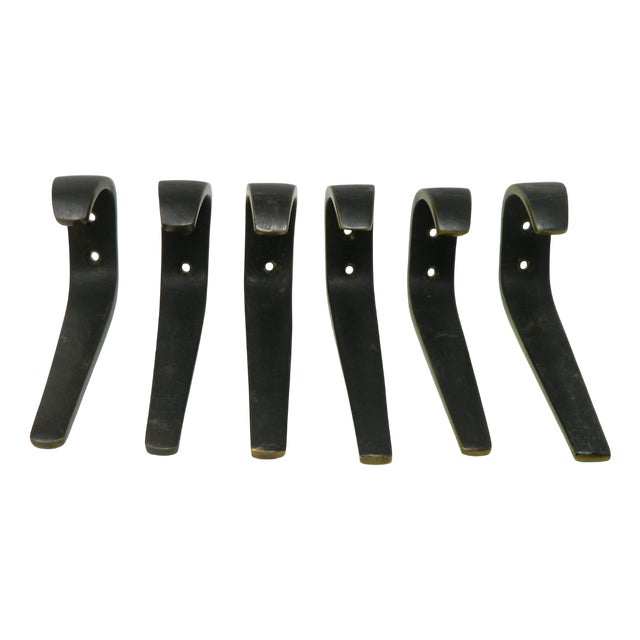 Large Brass Coat Hooks by Franz Hagenauer for Hagenauer Wien, 1950s, Set of 6 For Sale