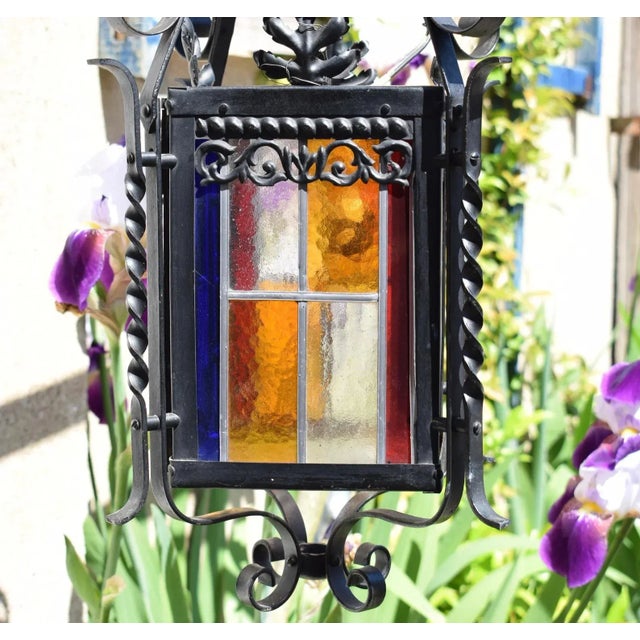 Antique Black Wrought Iron and Stained Glass Lantern, France, 1940s For Sale - Image 3 of 11