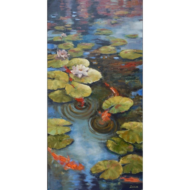 Contemporary Koi Pond Painting "Staying Afloat" by Karen Zazon For Sale