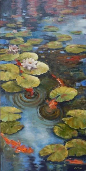 Contemporary Koi Pond Painting "Staying Afloat" by Karen Zazon