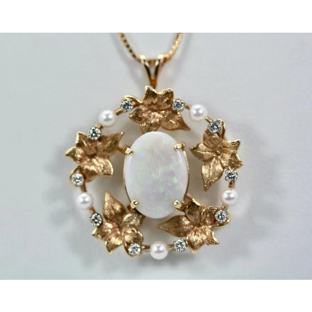 Gold 1960s Opal Laurel Leaf 14k Brooch Pendant For Sale - Image 8 of 8
