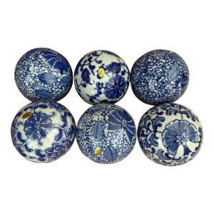 Set of 6 Blue & White Porcelain Decorative Balls – Floral Chinoiserie Design – Made in China