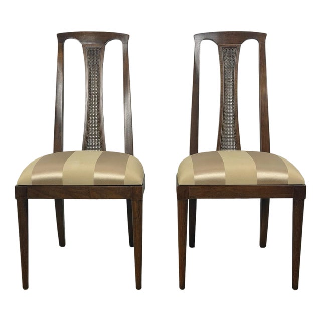 Pair of Vintage Mid-Century Modern High-Back Cane Dining Chairs, Stamped Denmark For Sale