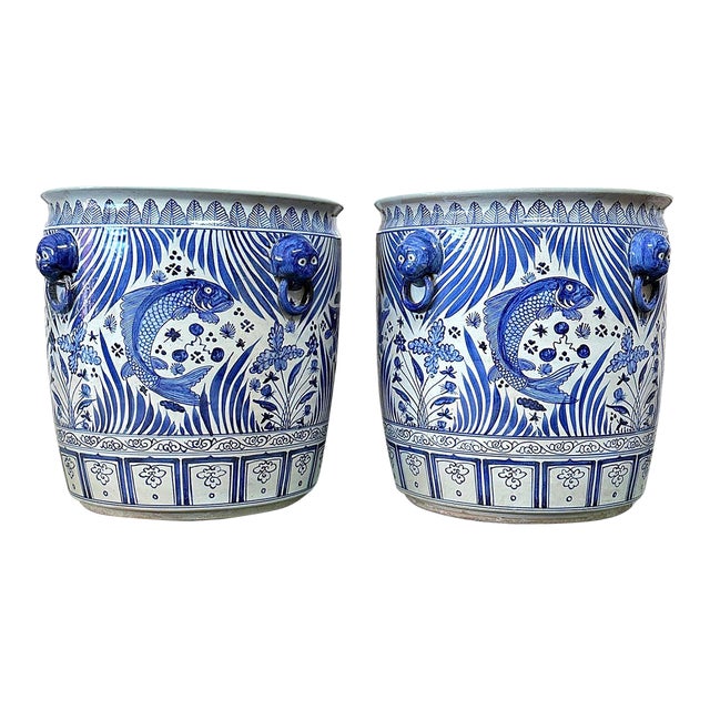 Contemporary Large Chinoiserie Coastal Blue & White Planters - a Pair For Sale