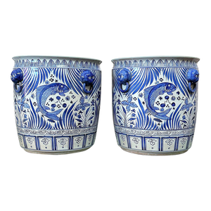 Contemporary Large Chinoiserie Coastal Blue & White Planters - a Pair