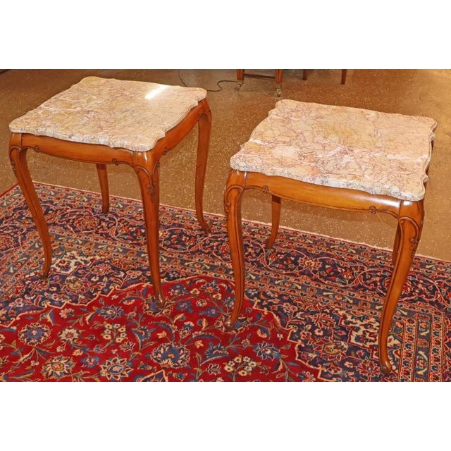 Pair of Vintage Marble Top Walnut Louis XV French Style End Tables Dimensions :27" Tall X 22" Wide X 22" Deep This pair of...