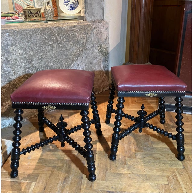 Antique Ebonized Twisted Legs Stools with Burgundy Studded Leather Seats, 1890s, Set of 2 For Sale - Image 3 of 16