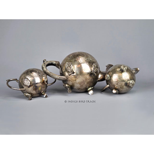 Antique Victorian Silver Plated Tea Set of 3 - Teapot Creamer and Sugar Bowl With Lid For Sale - Image 11 of 14