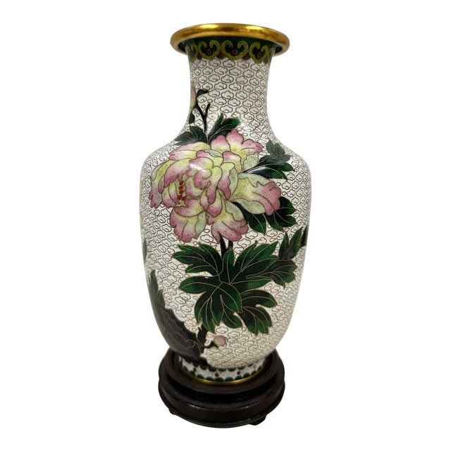 Mid-20th Century Hand-Crafted Vintage Chinese Cloisonne Vase - Peony Blossoms For Sale