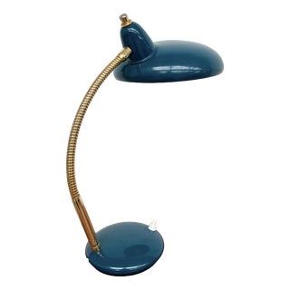 Adjustable Table Lamp in Duck Blue and Gold Metal, 1960s For Sale