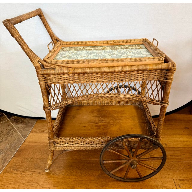 Boho Chic Heywood Wakefield Wicker Rolling Bar Cart Tea Cart With Removable Glass Tray For Sale - Image 3 of 9