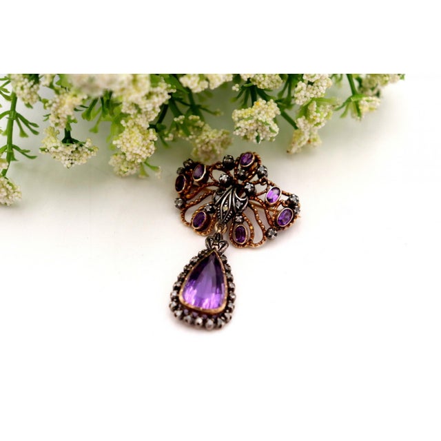 Gold and Silver Brooch with Diamond and Amethyst Chips For Sale - Image 4 of 7