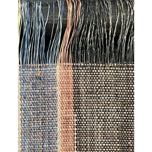 Rare Hand Woven Ikat Indonesian Black, Brown & Blue Fibre Textile Wall Art Panel / Hanging For Sale - Image 9 of 10