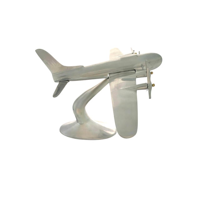 Metal Late 20th Century Airplane Model Large Aluminum Propeller Aircraft on Stand Vintage Office Decor For Sale - Image 7 of 9