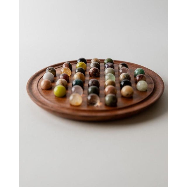 Vintage Solitaire Wooden Game Board with Stone Marbles, 1960s For Sale - Image 4 of 11