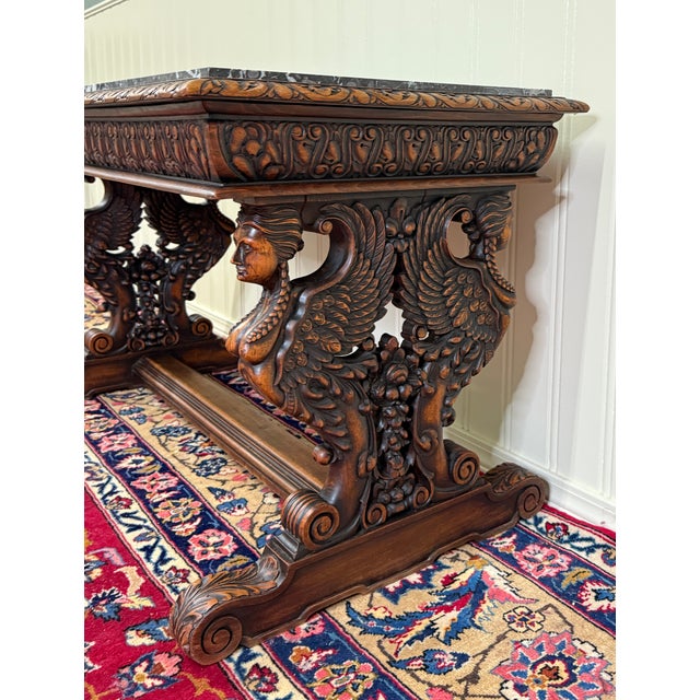 Antique French Coffee Table Bench Window Seat Marble Top Oak Renaissance Revival For Sale - Image 4 of 18