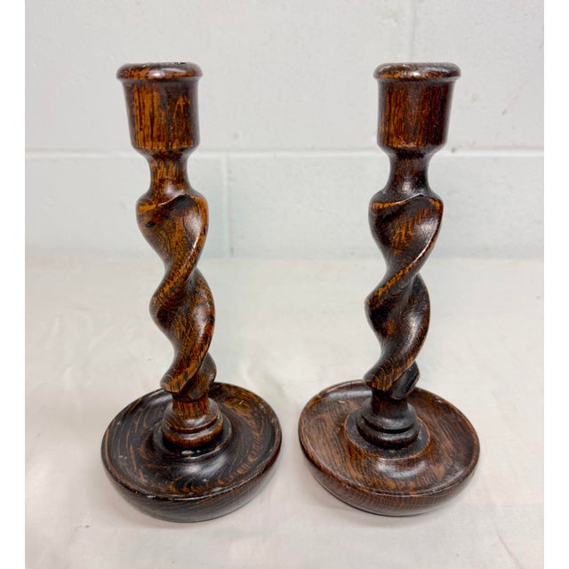 English Pair Antique 19th Century Barley Twist English Wood Candlesticks Candle Holders For Sale - Image 3 of 12
