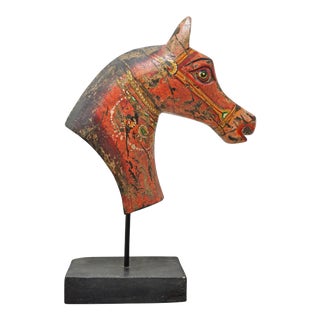 Hand-Carved and Painted Antique South Asian Folk Art Wooden Sculptural Horse Bust For Sale