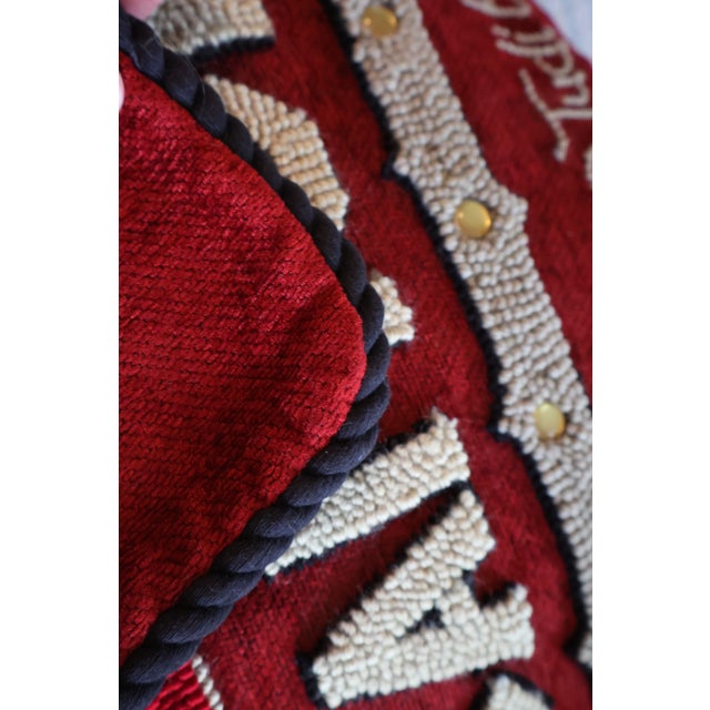 Red Vintage Judi Boisson 2003 “Camp Canoe” Hand-Hooked Pillow Cover—Unused For Sale - Image 8 of 18