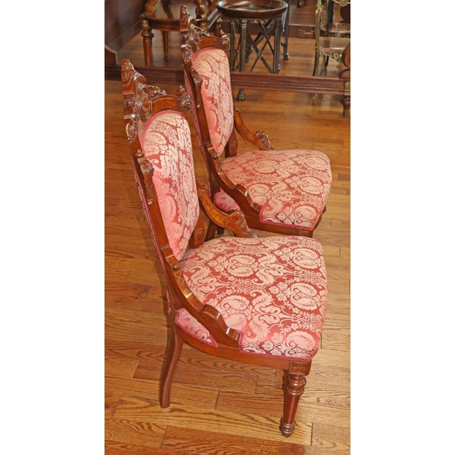 Victorian Pair of Jelliff Victorian 19th Century Walnut Carved Damask Fabric Side Chairs For Sale - Image 3 of 12