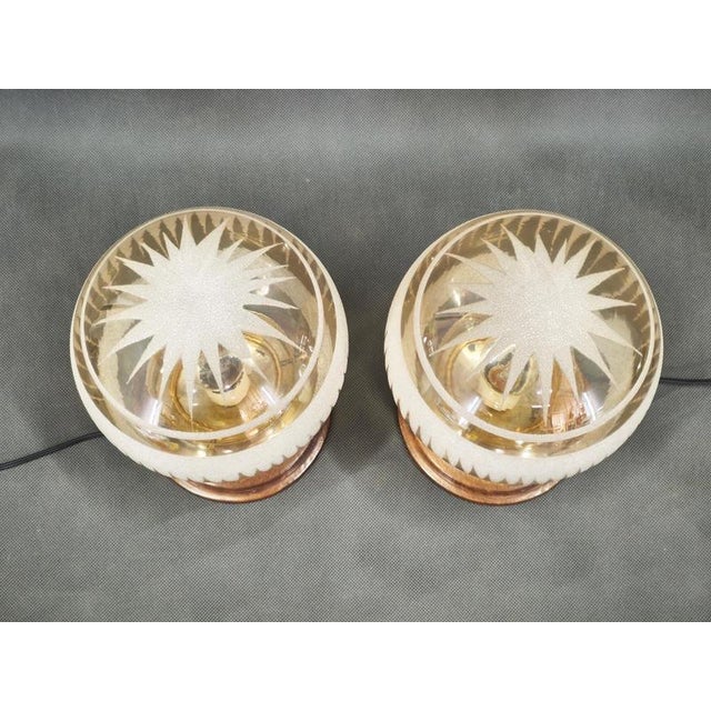 1950s Italian Etched Glass, Chrome and Wood Table Lamps, 1950s, Set of 2 For Sale - Image 5 of 10