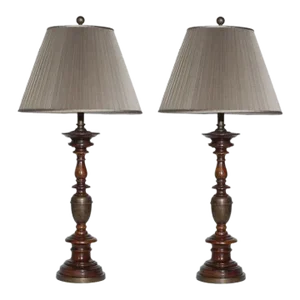 1990s Wooden Table Lamps with Shaped Design and Pleated Silk Shade - A Pair