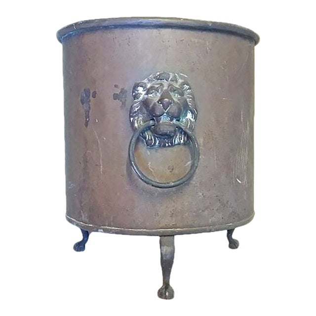Antique Iron & Copper Lion Face Handle Cachepot For Sale