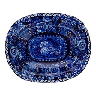 Large Antique Stubbs 'Fruit & Flowers' Blue Transferware Platter or Serving Tray For Sale