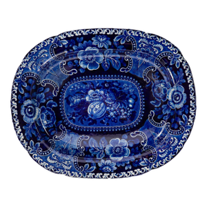 Large Antique Stubbs 'Fruit & Flowers' Blue Transferware Platter or Serving Tray