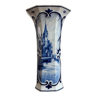 Antique Royal Delft (1908) Hand Painted Romantic Scene Blue White Beaker Vase For Sale