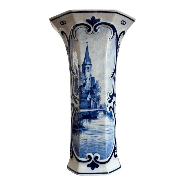 Antique Royal Delft (1908) Hand Painted Romantic Scene Blue White Beaker Vase For Sale