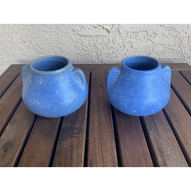 Folk Art Folk Art Pottery Brush McCoy Vellum Blue Glaze Fawn Vases - Pair For Sale - Image 3 of 7