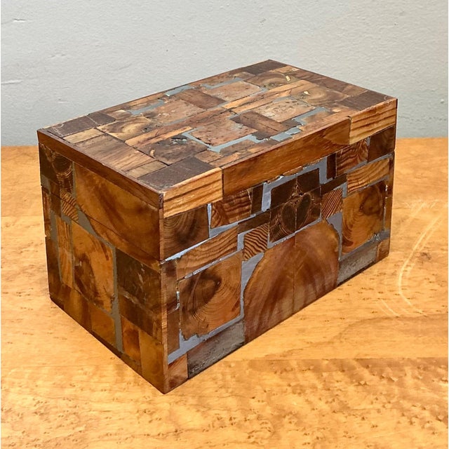 This charming vintage wood mosaic box is a beautifully crafted decorative object, showcasing an intricate geometric...