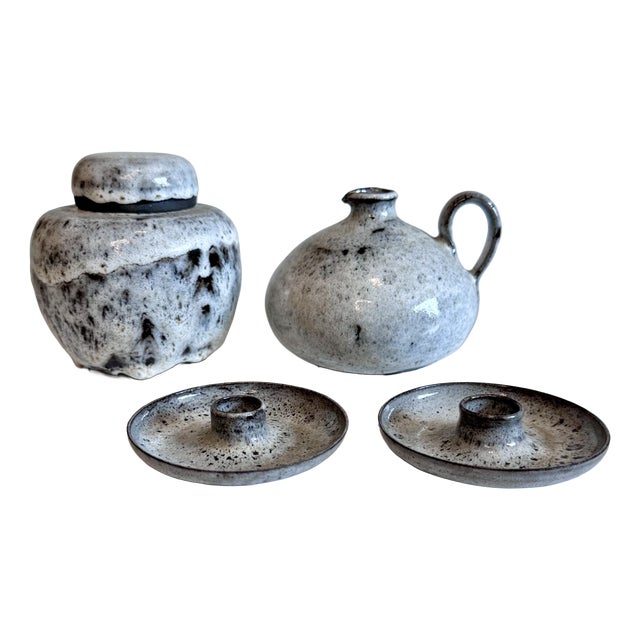 Studio Ceramics Set of Lidded Box, Handled Vase and Two Candlesticks by Serocka, Germany, 1970s, Set of 4 For Sale