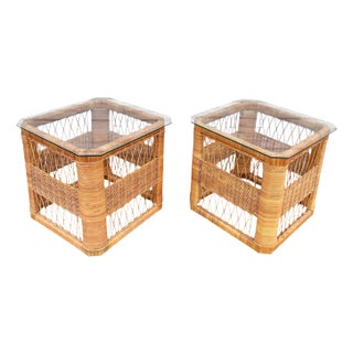 1970s Pair of Woven Rattan / Glass Side Tables For Sale