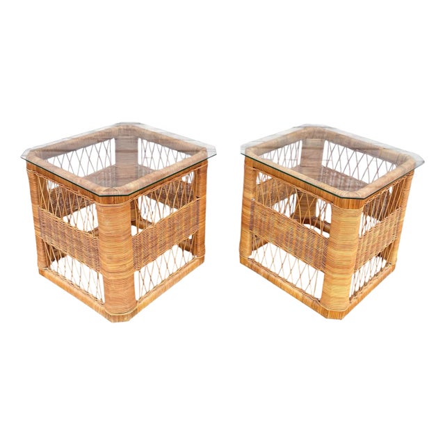1970s Pair of Woven Rattan / Glass Side Tables For Sale