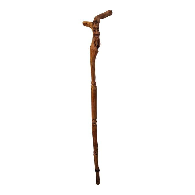 Vintage Carved Wood Spirit Walking Cane For Sale