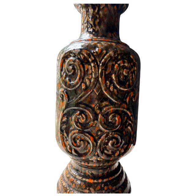1960s 1960s-1970s West German Fat Lava Ceramic Table Lamp, Applied Scroll Relief, Volcanic Drip Glaze in Brown, Black and Orange For Sale - Image 5 of 12
