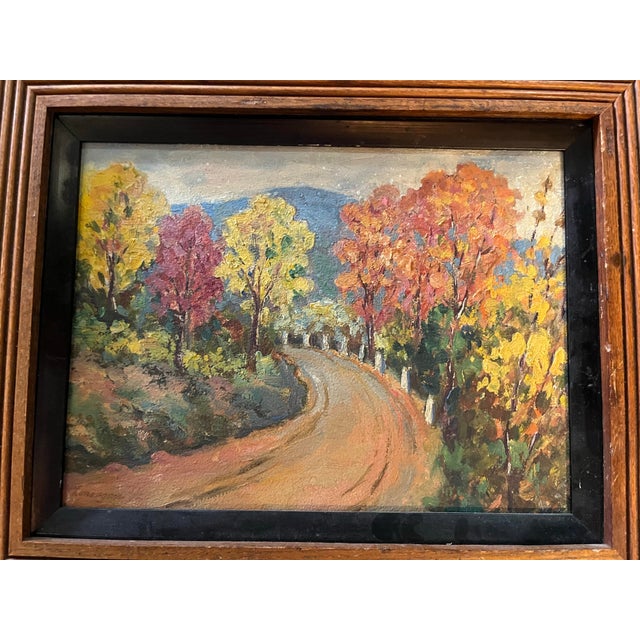 A very nice vintage acrylic on board painting of a country road with colorful foliage in Autumn in the Hudson Valley....
