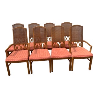 Set of 8 Vintage Cane Back Dining Chairs With Coral Upholstery, Mid-Century Regency Style For Sale