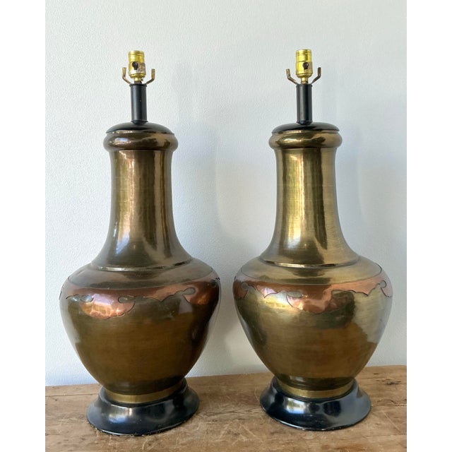 Vintage Boho Monumental Brass and Copper Lamps - A Pair For Sale - Image 4 of 10