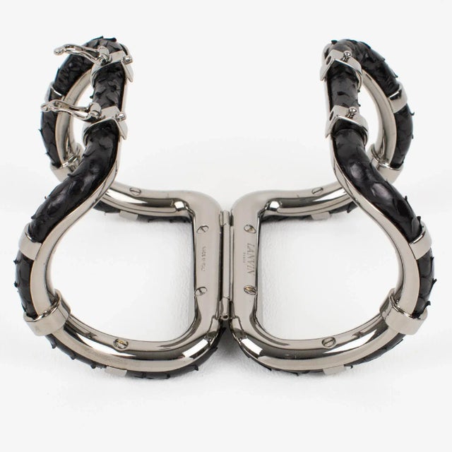 Lanvin Paris Black Python Skin and Gray Steel Clamper Bracelet in Box For Sale - Image 11 of 12